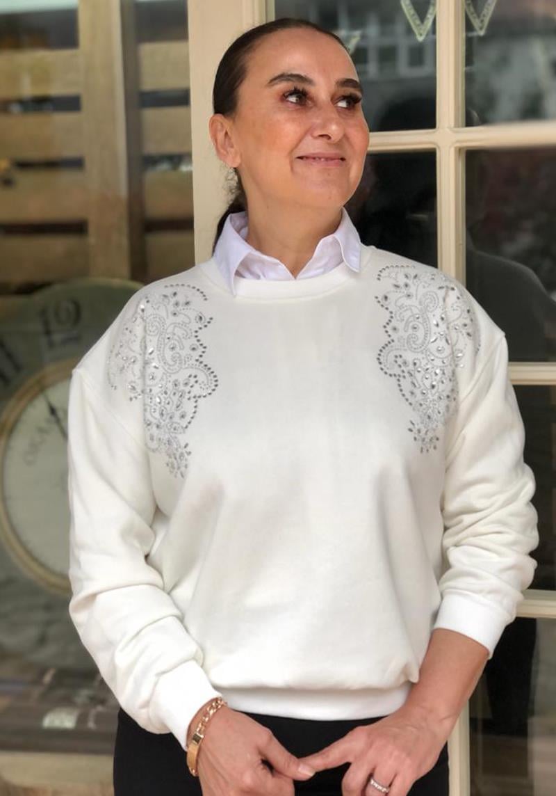 Taşlı İçi Şardonlu 3 İplik Beyaz Sweat
