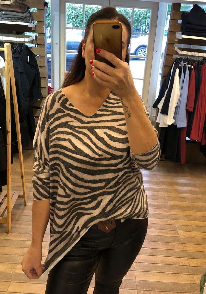 Zebra Desen V Yaka Triko Bluz
