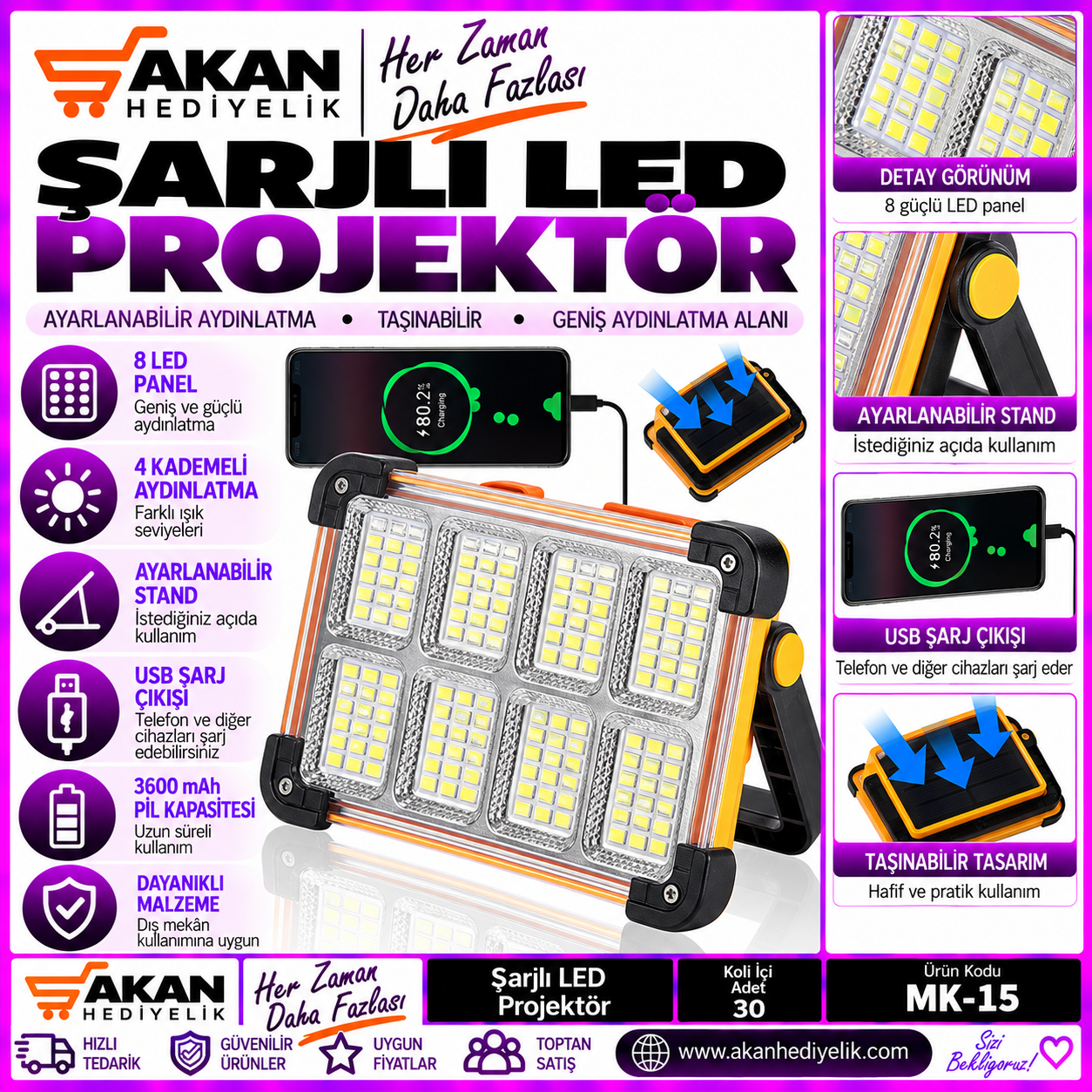  solarlı şarjı led 4 kademeli 3600MAH pil 
