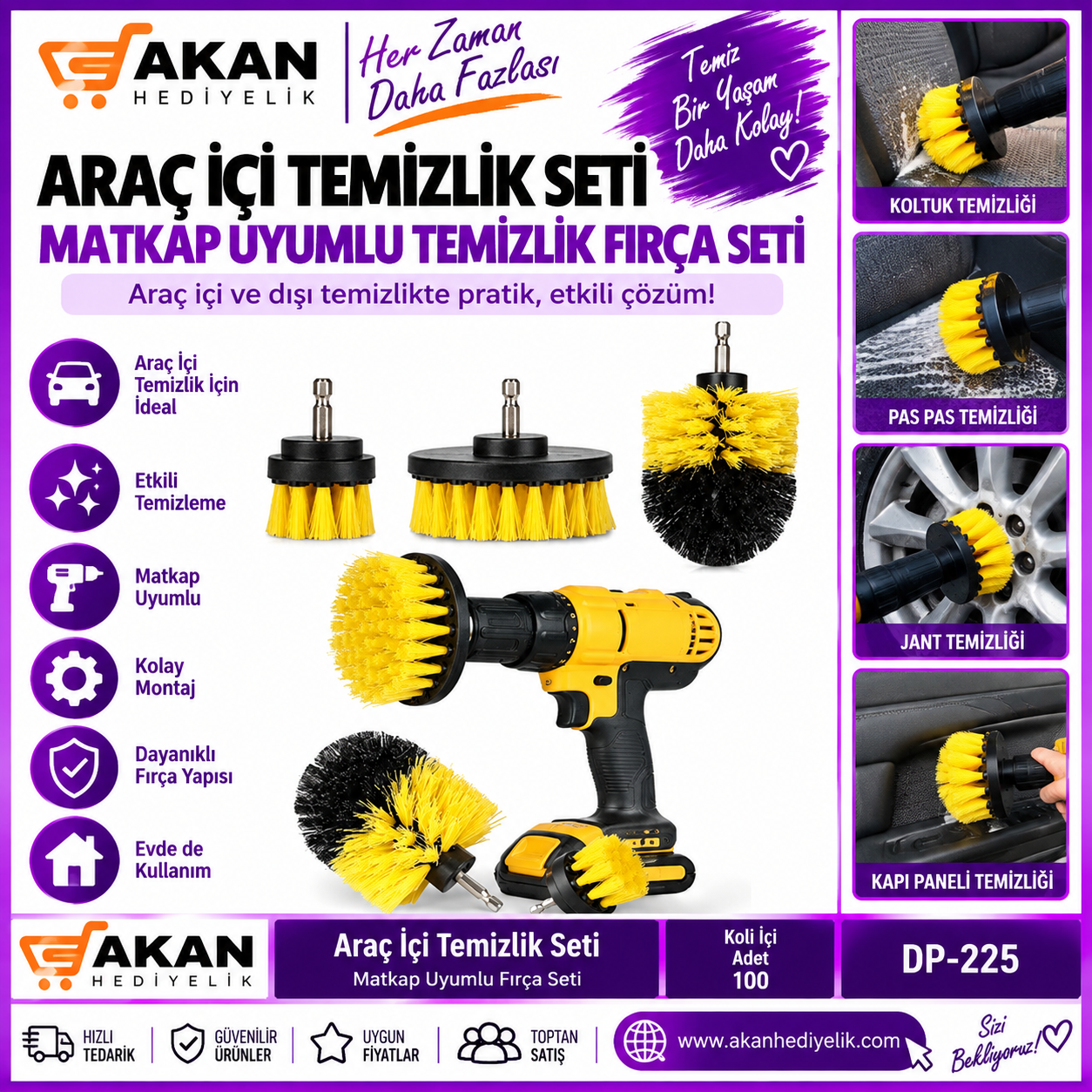 3lü matkap uçlu araba temizleme seti