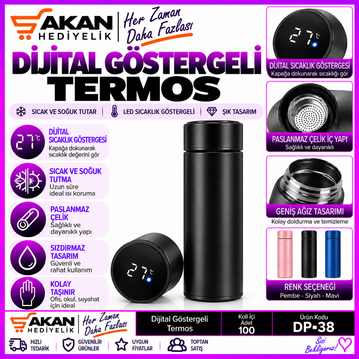 HARF TASARIMLI VE DİJİTAL SICAKLIK GÖSTERGELİ ÇELİK TERMOS