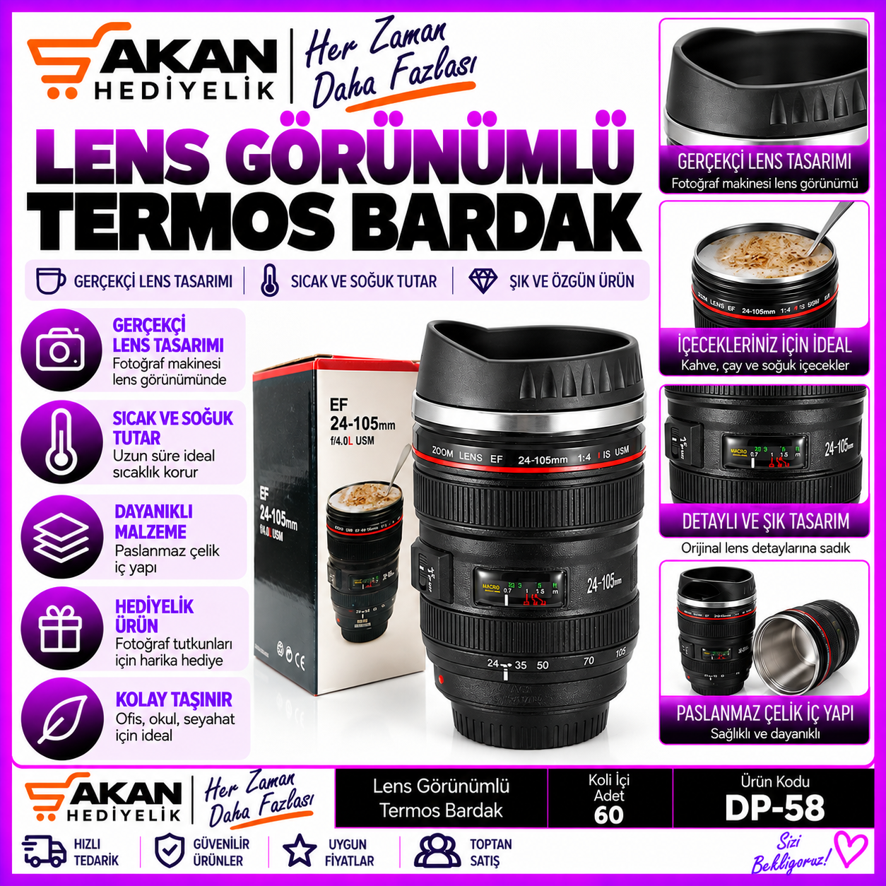 lens görünümlü termos bardak 