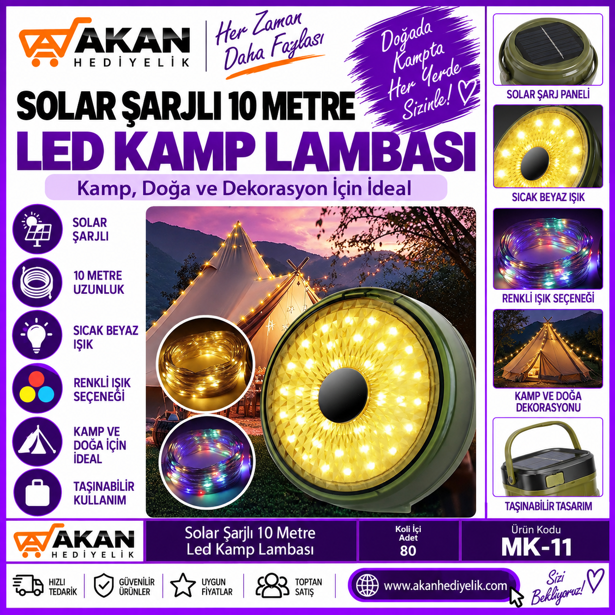Solar Şarjlı 10 Metre led kamp lambası