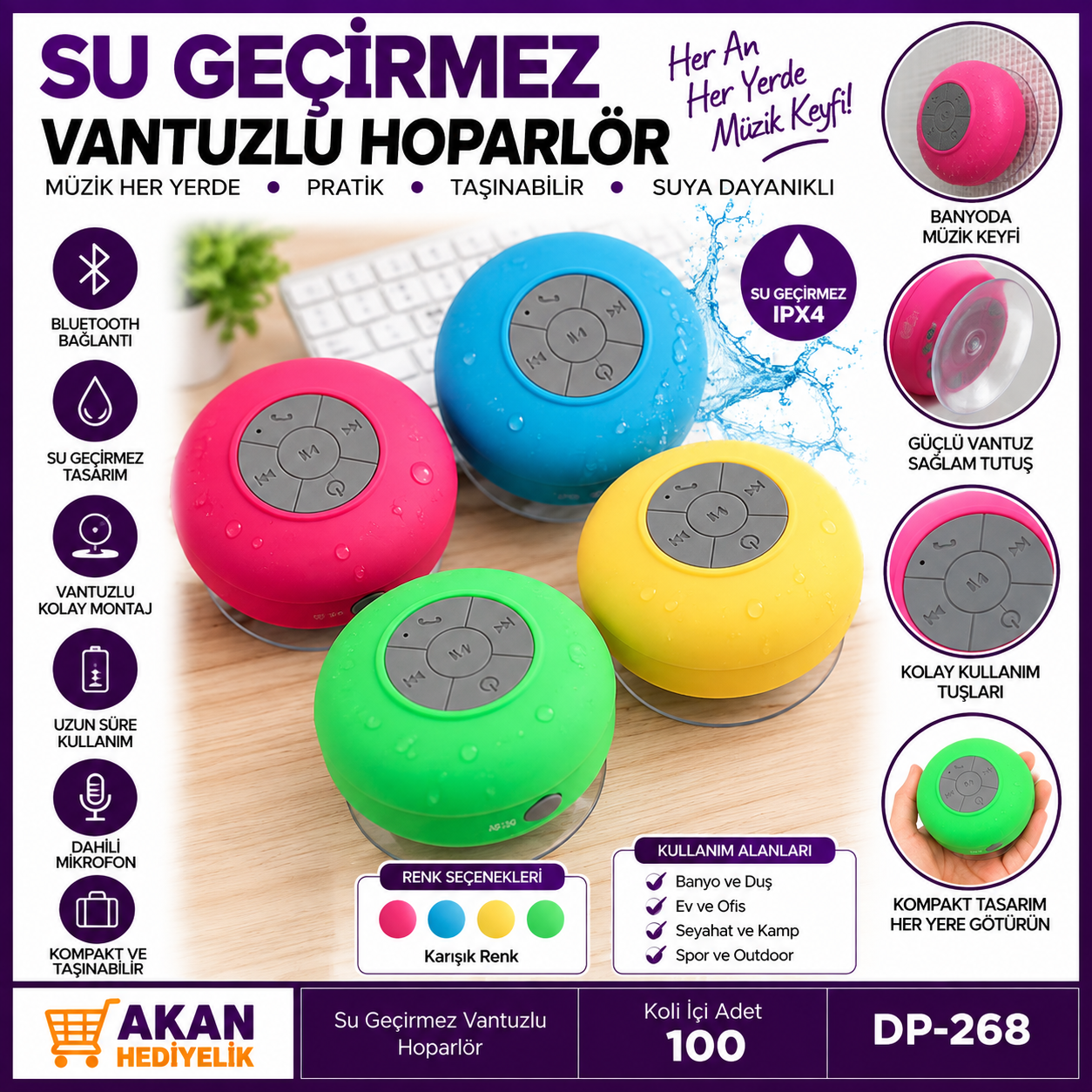 Su Geçirmez Vantuzlu Bluetooth Hoparlör