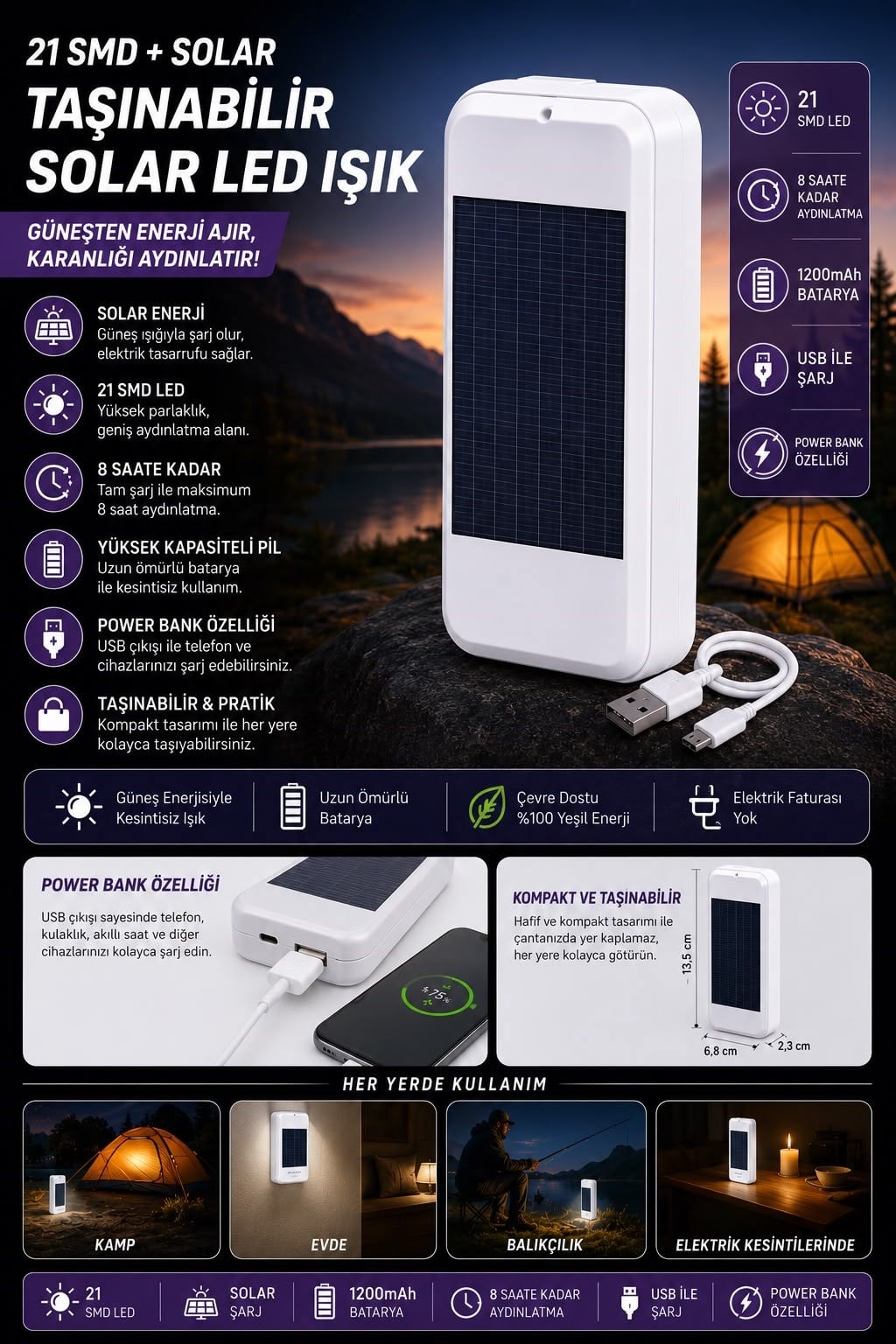 taşınabilir solar led power bank 