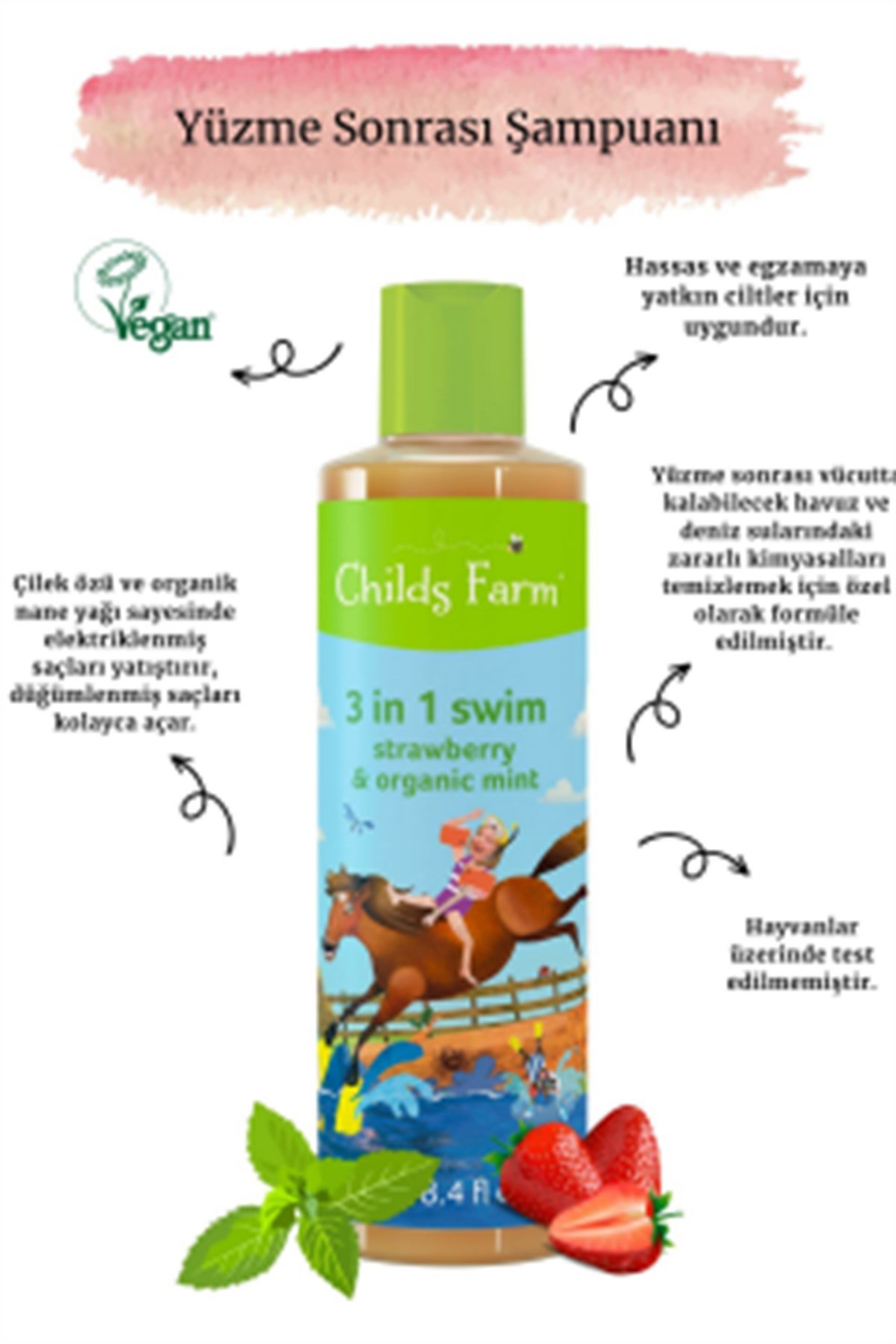 Childs Farm Çilek ve Organik Nane Özlü 3'ü bir Arada Yüzme Sonrası Çocuk Şampuanı