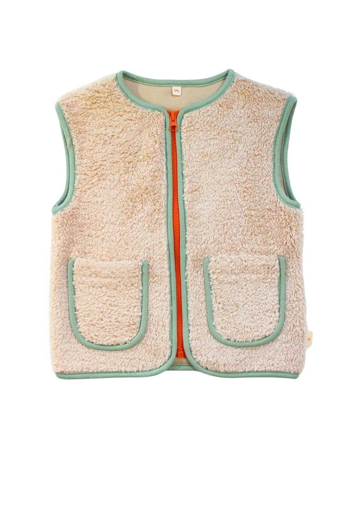 Mielakids-Slogan Nakışlı Peluş Yelek-Bej