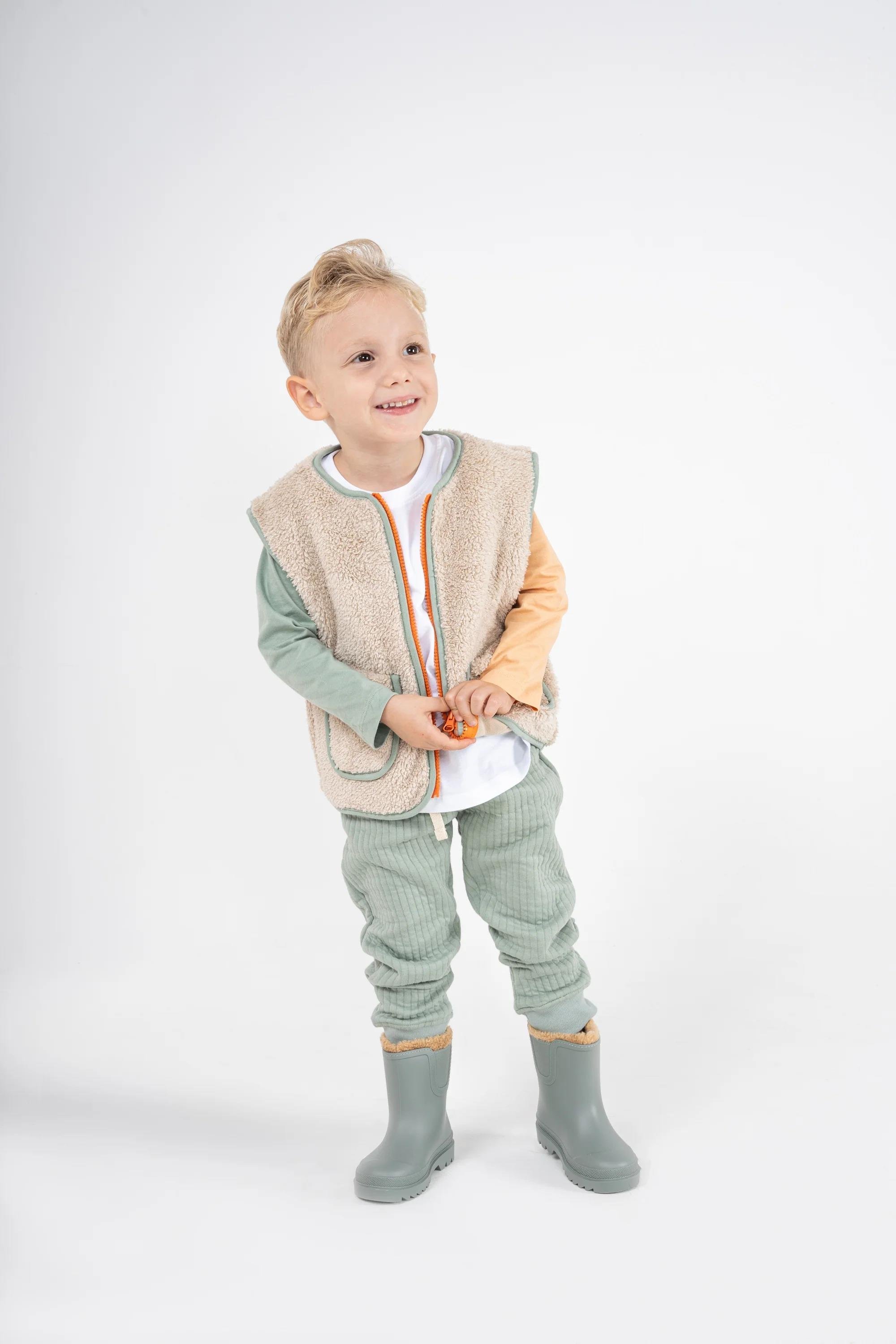 Mielakids-Slogan Nakışlı Peluş Yelek-Bej