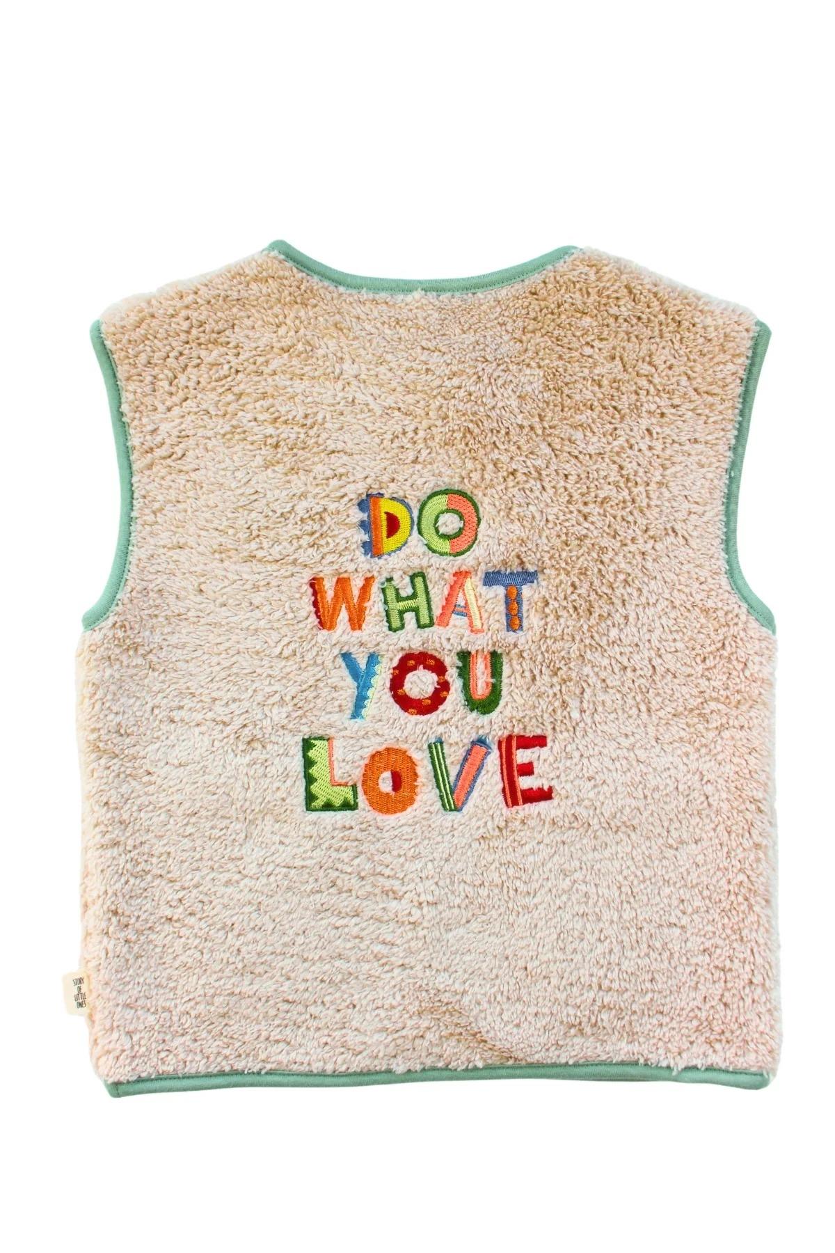 Mielakids-Slogan Nakışlı Peluş Yelek-Bej