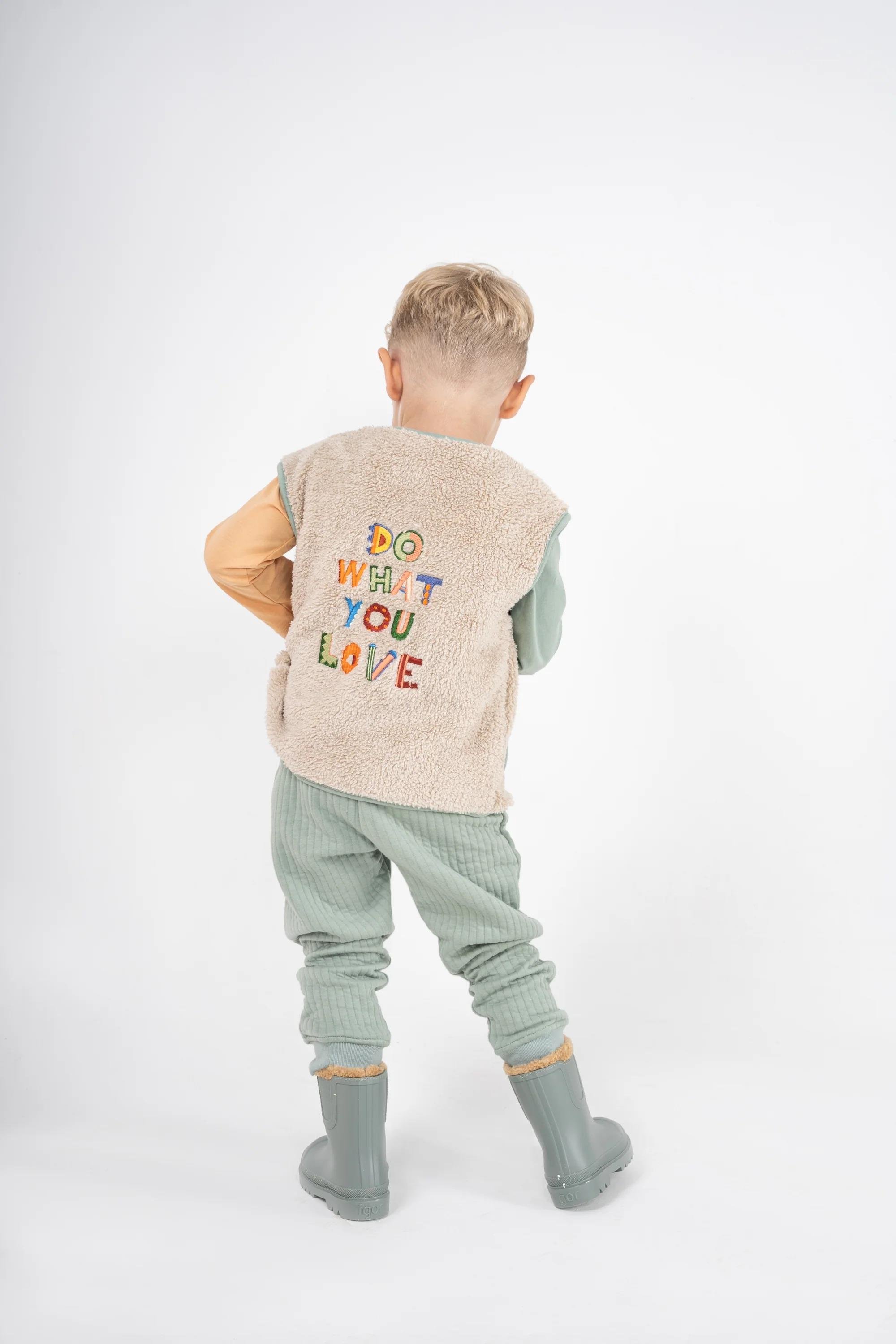 Mielakids-Slogan Nakışlı Peluş Yelek-Bej