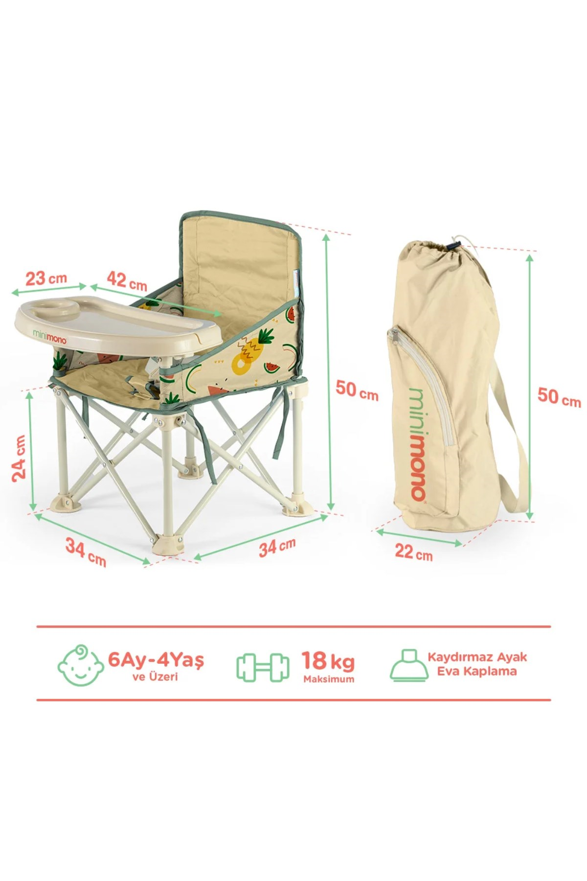Minimono-Katlanır Portatif Mama Sandalyesi-Bej