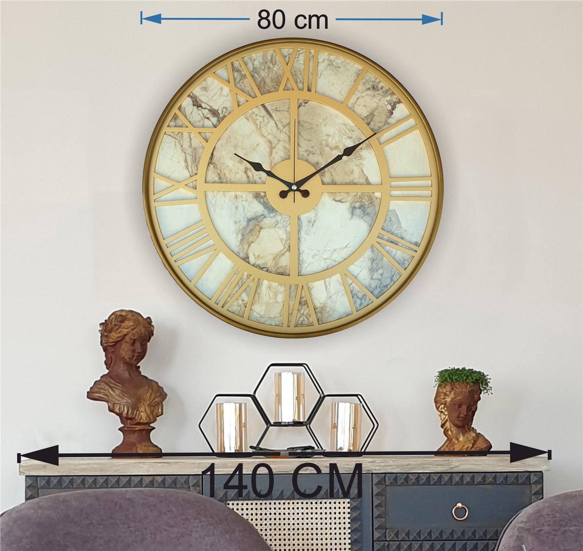 Markakanvas Altın(Gold) Renk Metal Kasalı Mermer Desenli Duvar Saati Çap 50 - 80 cm