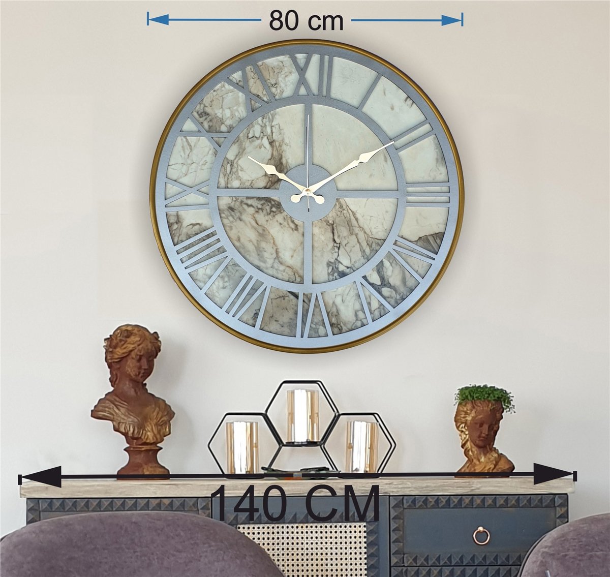 Markakanvas Altın(Gold) Renk Metal Kasalı Mermer Desenli Duvar Saati Çap 50 - 80 cm