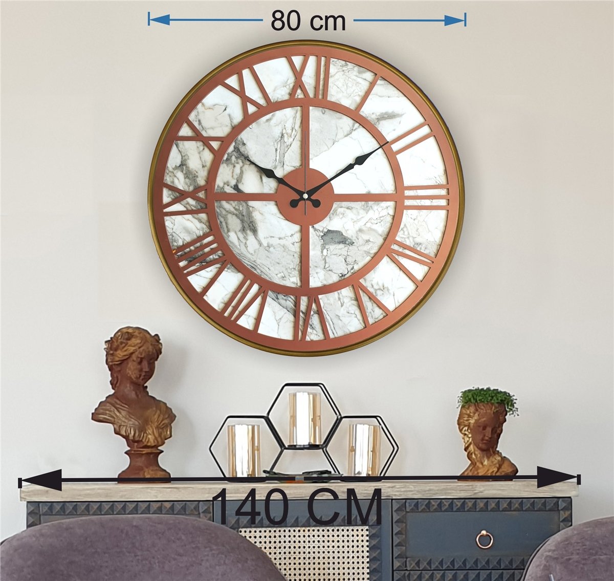 Markakanvas Altın(Gold) Renk Metal Kasalı Mermer Desenli Duvar Saati Çap 50 - 80 cm