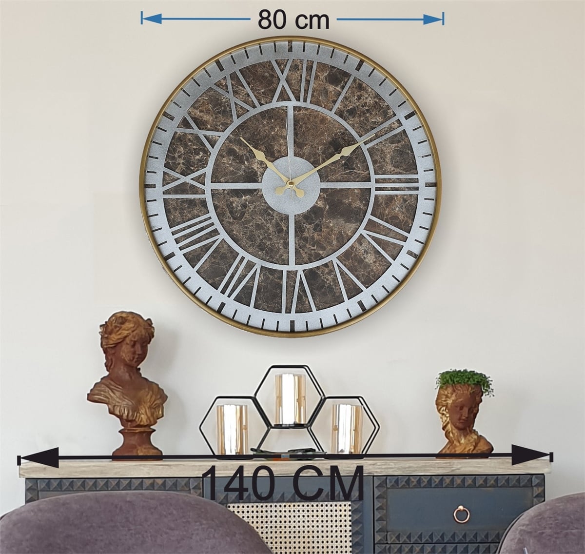 Markakanvas Altın(gold) Renkli Metal Kasalı Mermer Desenli  Duvar Saati  ( Çap 50 cm -Çap 80 cm )