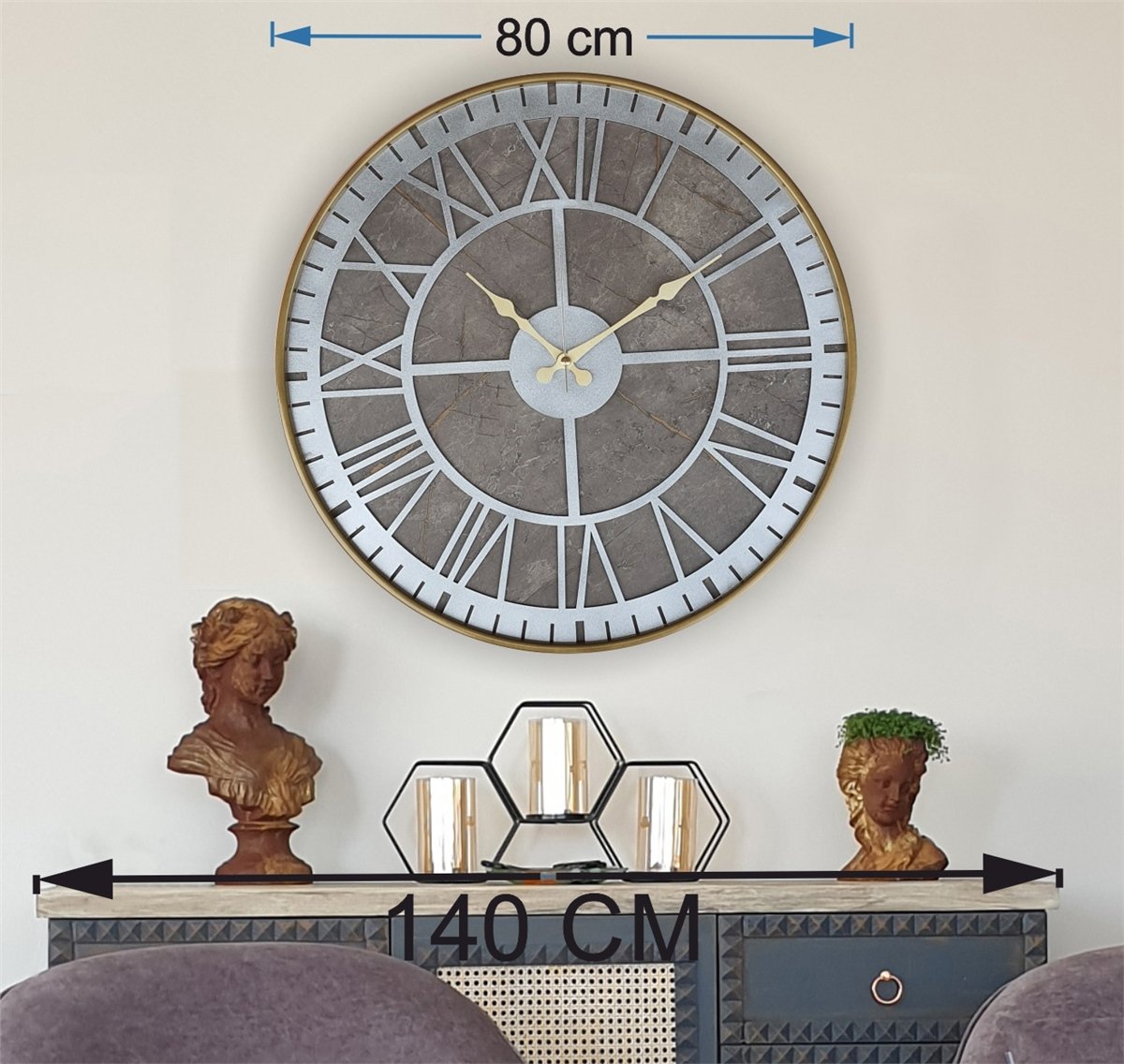 Markakanvas Altın(gold) Renkli Metal Kasalı Mermer Desenli  Duvar Saati  ( Çap 50 cm -Çap 80 cm )