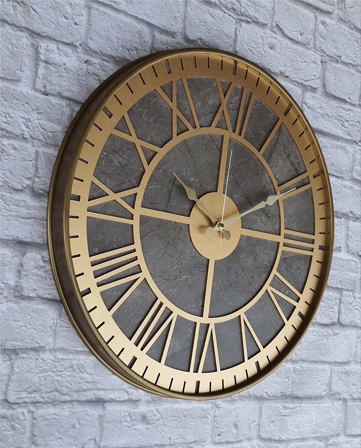 Markakanvas Altın(gold) Renkli Metal Kasalı Mermer Desenli  Duvar Saati  ( Çap 50 cm -Çap 80 cm )
