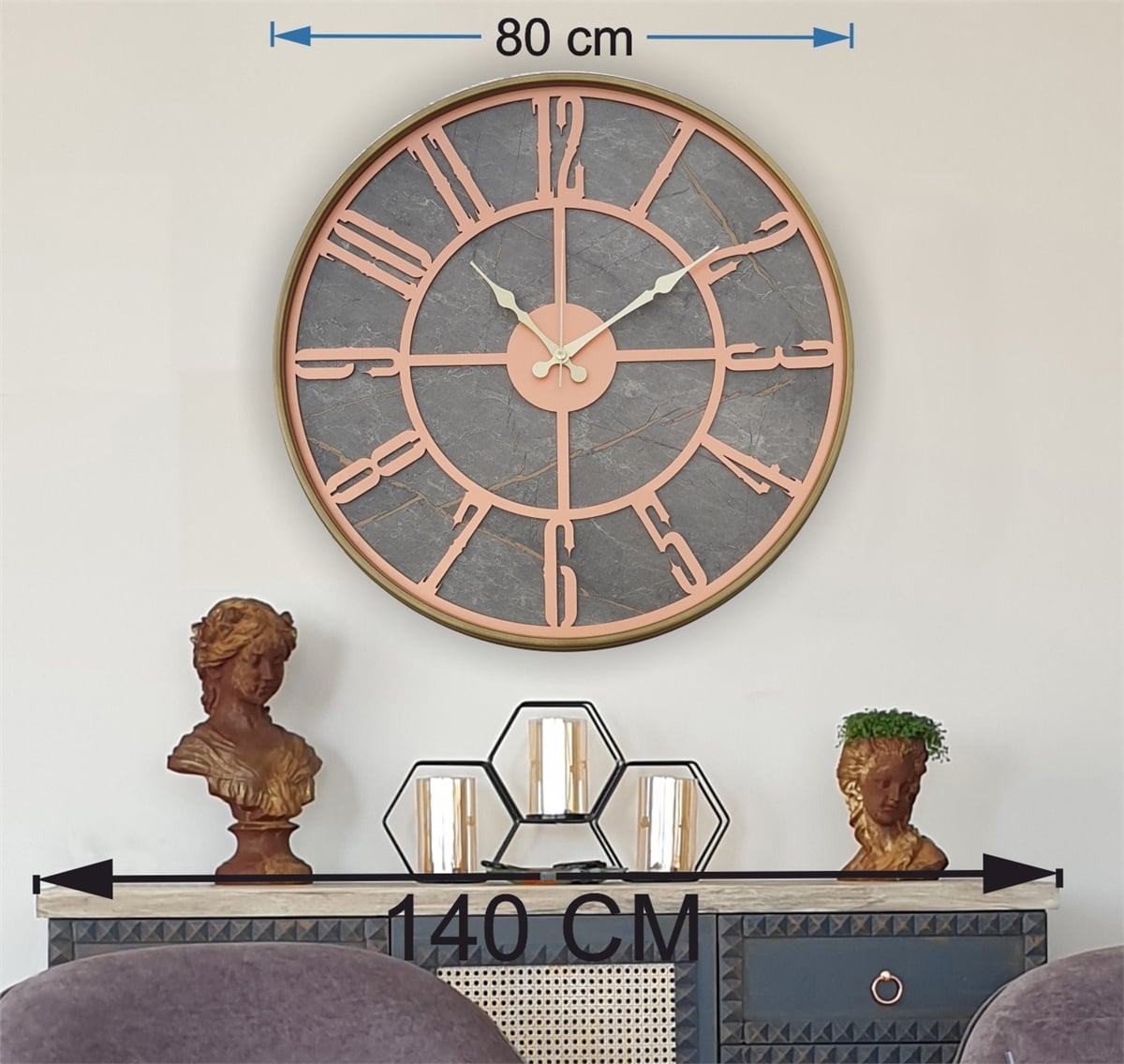 Markakanvas Altın(gold) Renkli Metal Kasalı Mermer Desenli  Duvar Saati  ( Çap 50 cm -Çap 80 cm )