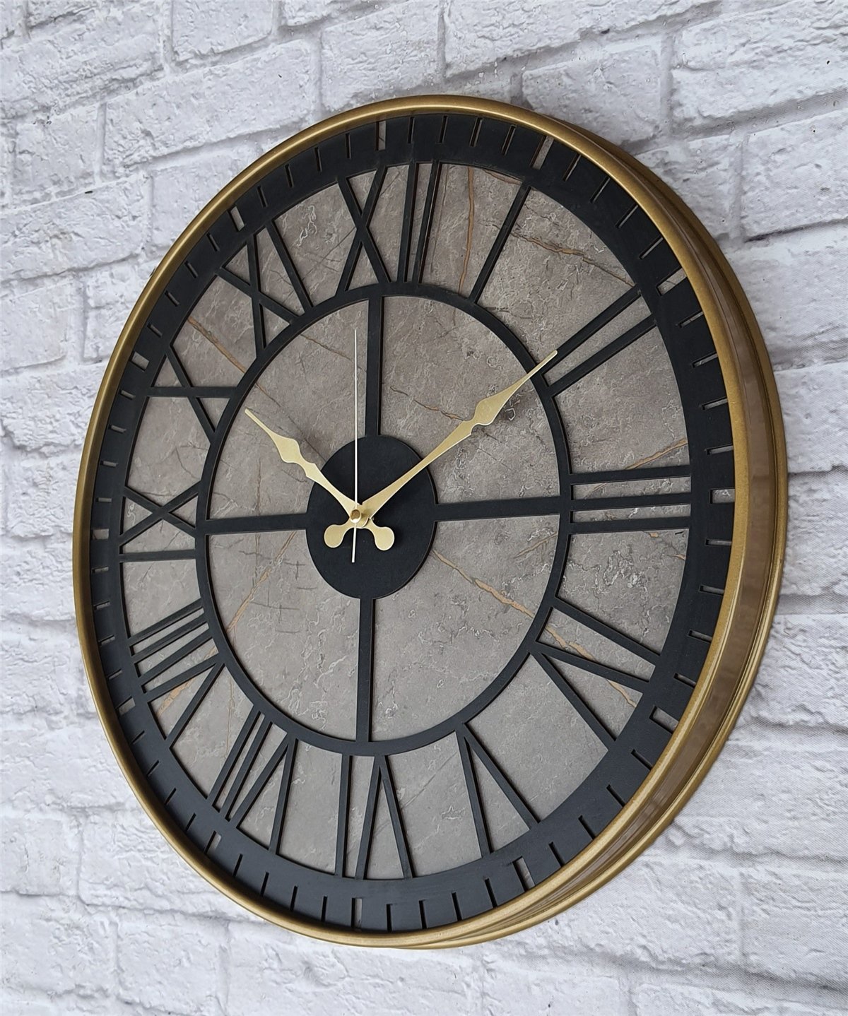 Markakanvas Altın(gold) Renkli Metal Kasalı Mermer Desenli  Duvar Saati  ( Çap 50 cm -Çap 80 cm )
