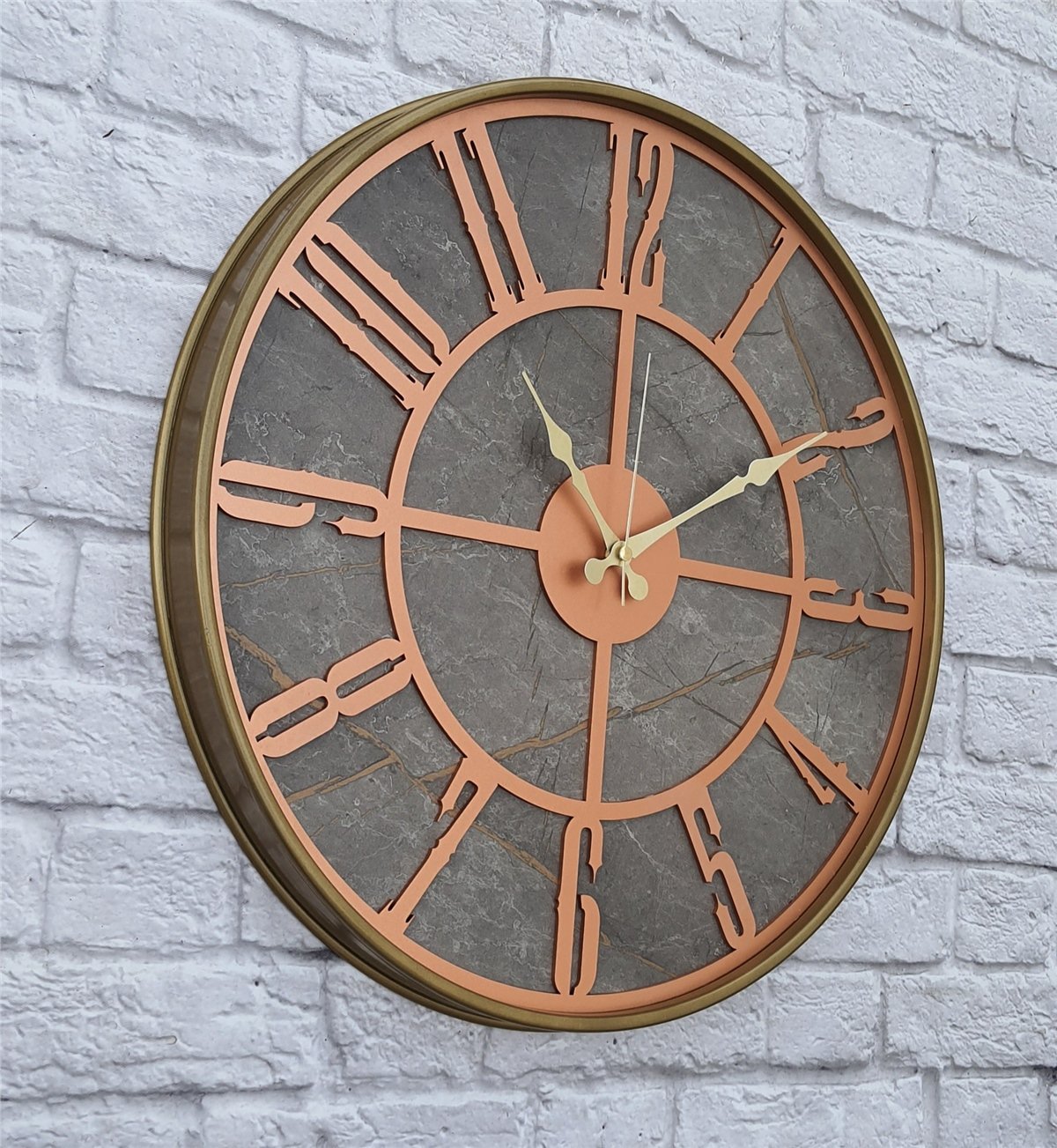 Markakanvas Altın(gold) Renkli Metal Kasalı Mermer Desenli  Duvar Saati  ( Çap 50 cm -Çap 80 cm )