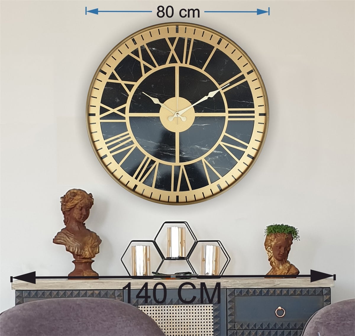 Markakanvas Altın(Gold) Renkli Metal Kasalı Mermer Desenli  Duvar Saati  ( Çap 50 cm -Çap 80 cm )