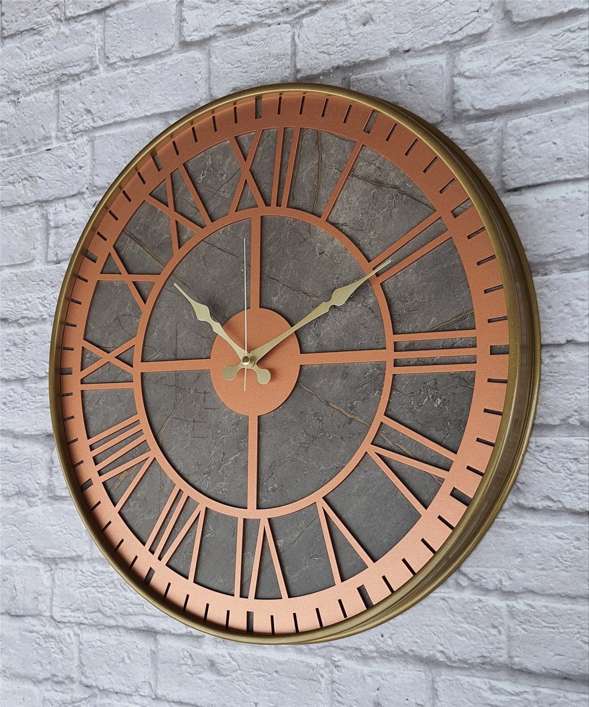 Markakanvas Altın(gold) Renkli Metal Kasalı Mermer Desenli  Duvar Saati  ( Çap 50 cm -Çap 80 cm )