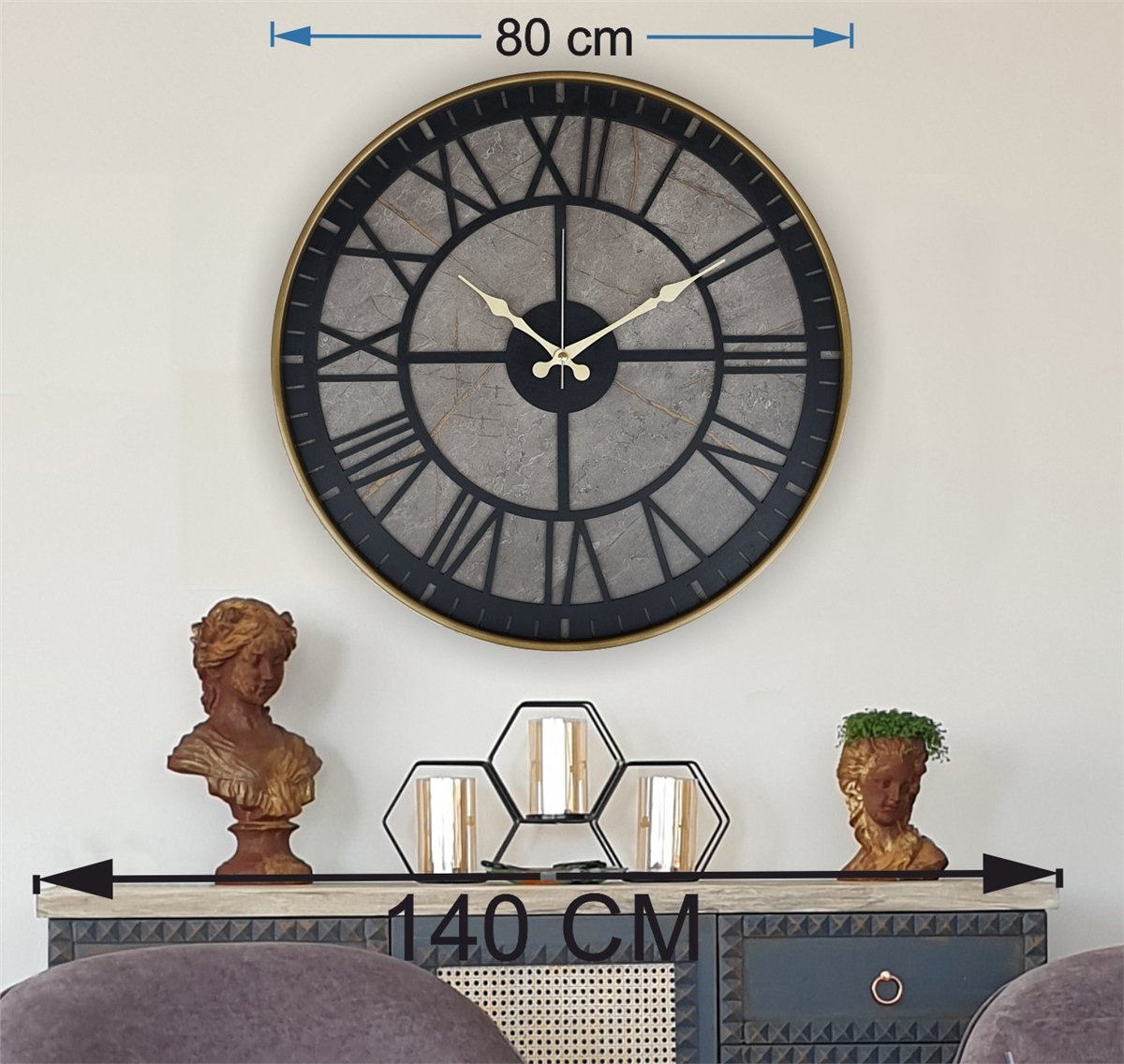 Markakanvas Altın(gold) Renkli Metal Kasalı Mermer Desenli  Duvar Saati  ( Çap 50 cm -Çap 80 cm )