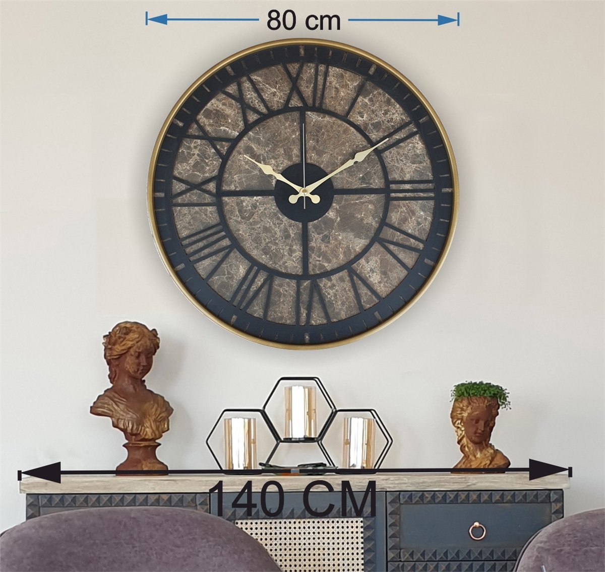 Markakanvas Altın(gold) Renkli Metal Kasalı Mermer Desenli  Duvar Saati  ( Çap 50 cm -Çap 80 cm )