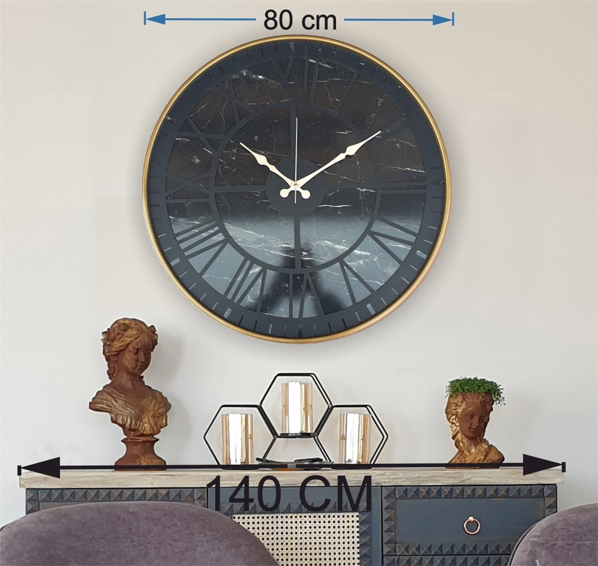 Markakanvas Altın(Gold) Renkli Metal Kasalı Mermer Desenli  Duvar Saati  ( Çap 50 cm -Çap 80 cm )