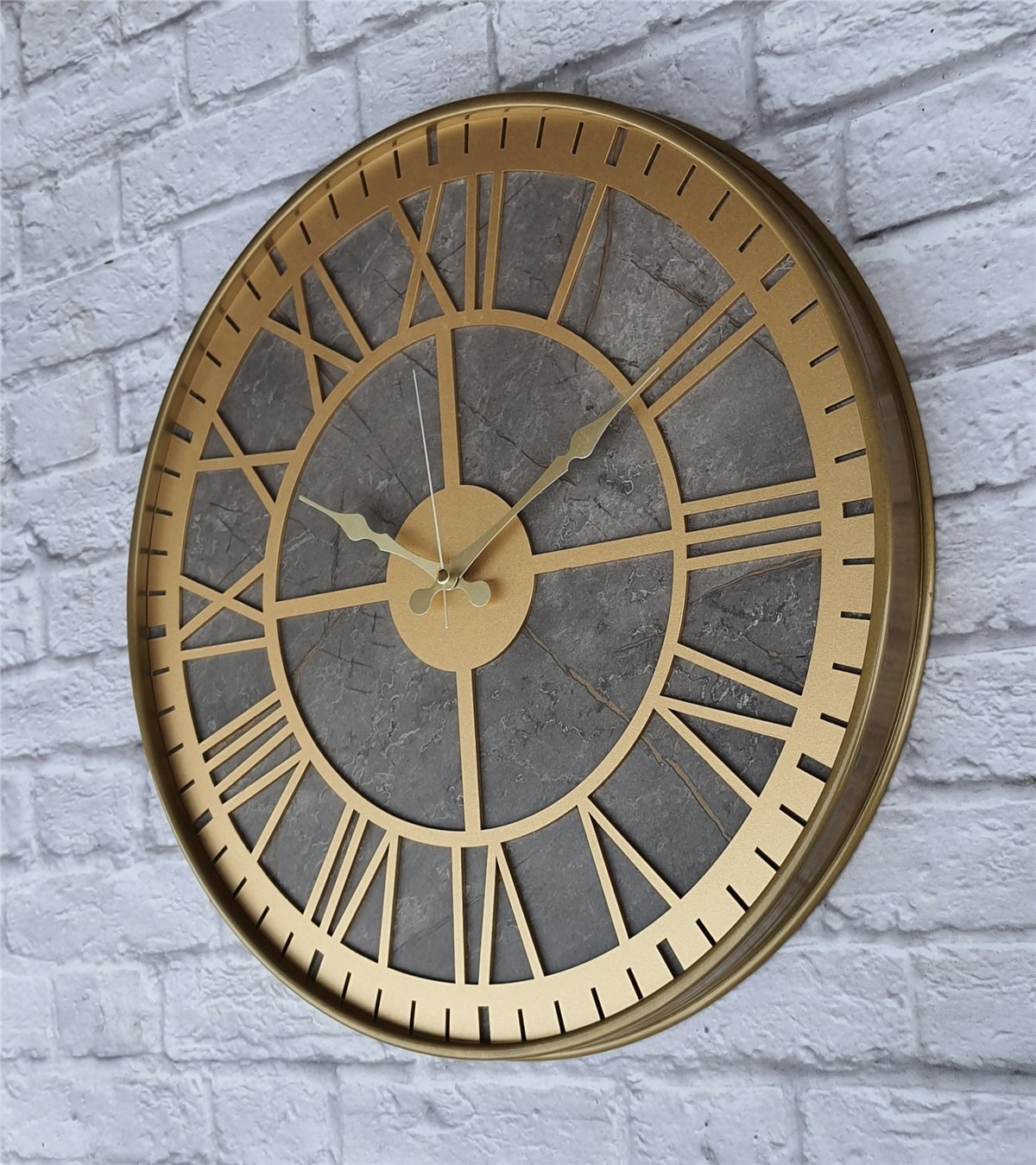 Markakanvas Altın(gold) Renkli Metal Kasalı Mermer Desenli  Duvar Saati  ( Çap 50 cm -Çap 80 cm )