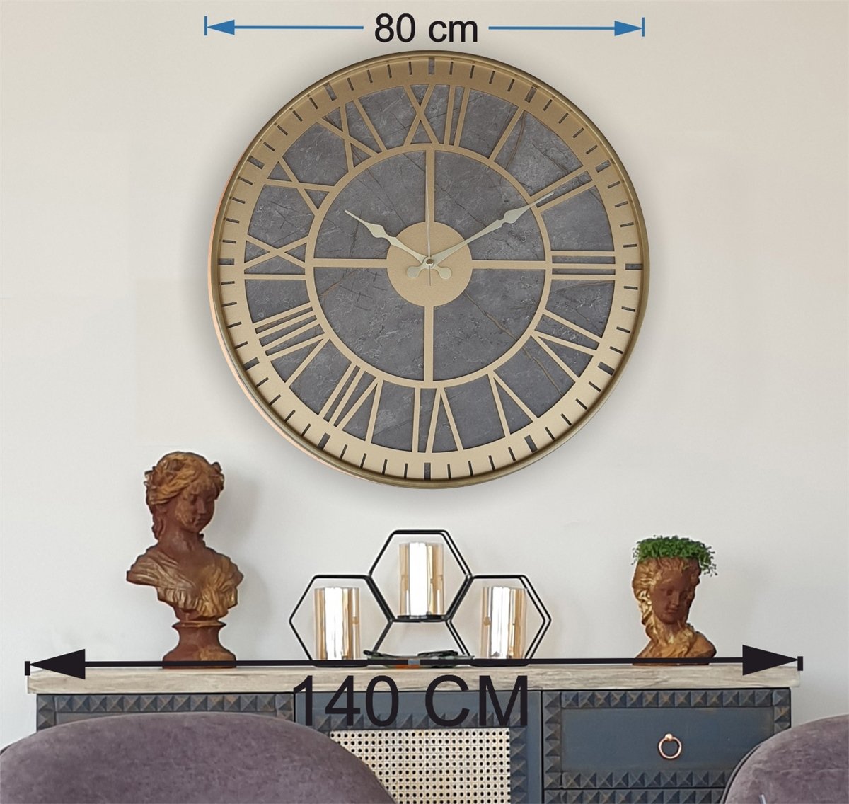 Markakanvas Altın(gold) Renkli Metal Kasalı Mermer Desenli  Duvar Saati  ( Çap 50 cm -Çap 80 cm )