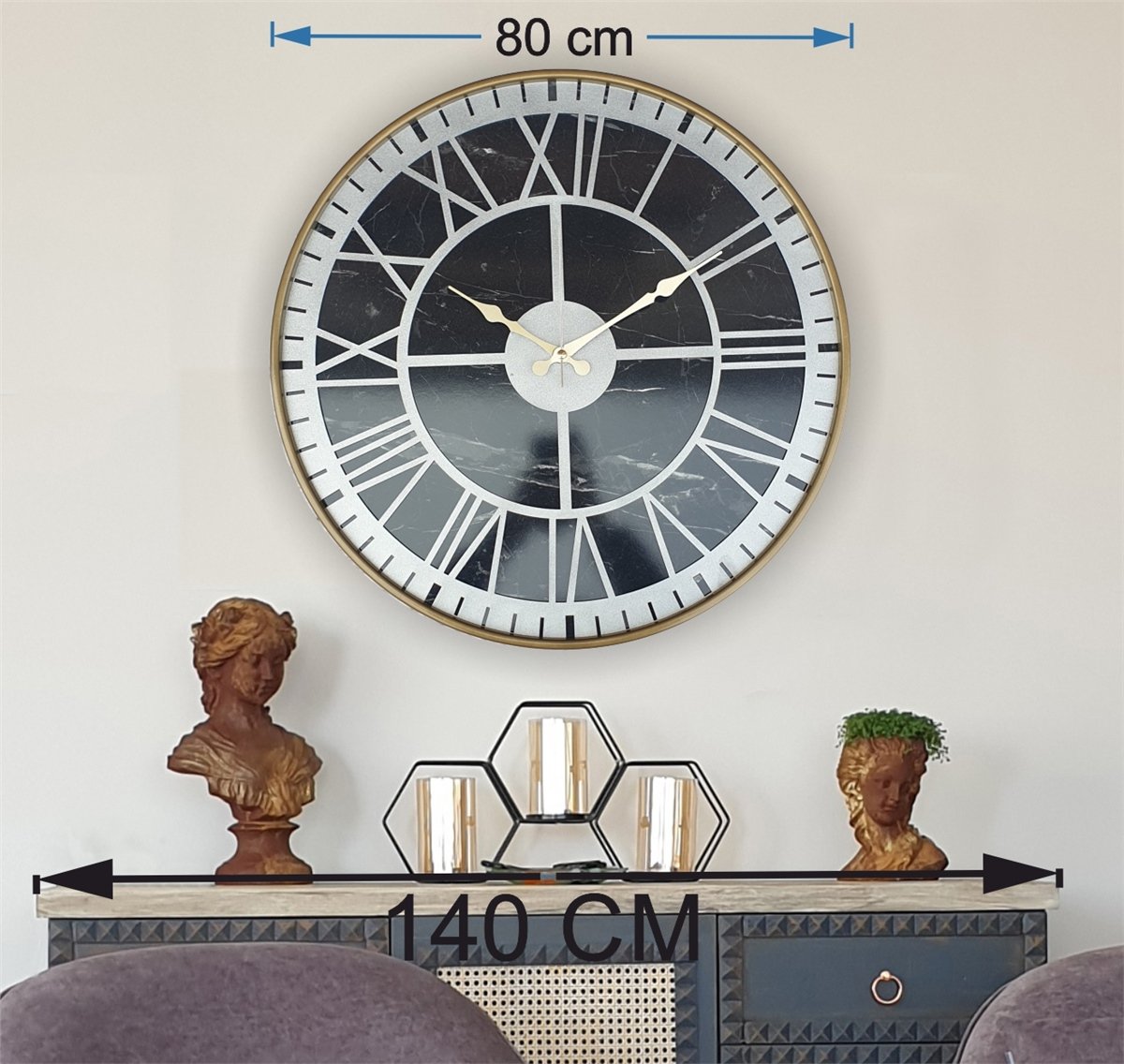 Markakanvas Altın(Gold) Renkli Metal Kasalı Mermer Desenli  Duvar Saati  ( Çap 50 cm -Çap 80 cm )