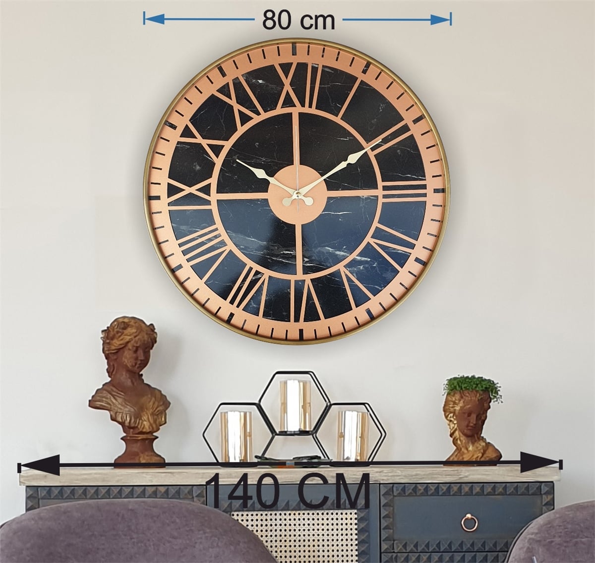 Markakanvas Altın(Gold) Renkli Metal Kasalı Mermer Desenli  Duvar Saati  ( Çap 50 cm -Çap 80 cm )