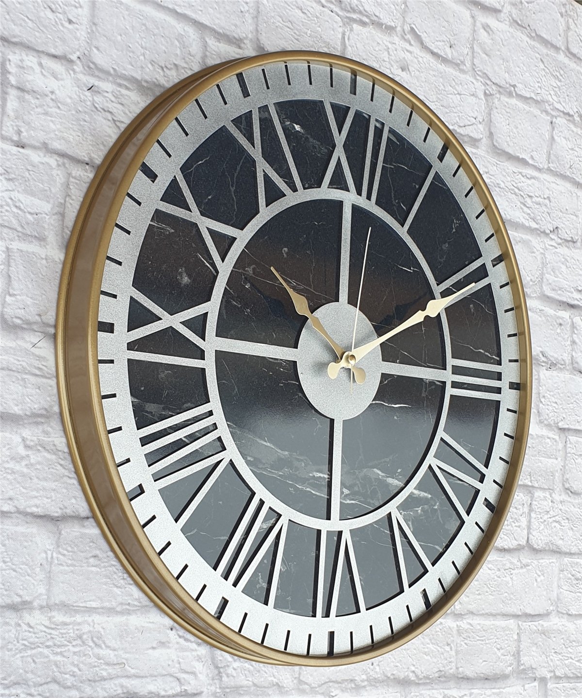 Markakanvas Altın(Gold) Renkli Metal Kasalı Mermer Desenli  Duvar Saati  ( Çap 50 cm -Çap 80 cm )