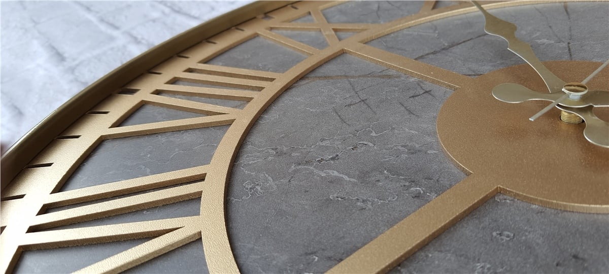 Markakanvas Altın(gold) Renkli Metal Kasalı Mermer Desenli  Duvar Saati  ( Çap 50 cm -Çap 80 cm )