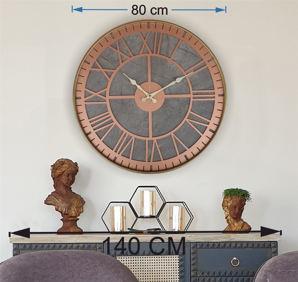 Markakanvas Altın(gold) Renkli Metal Kasalı Mermer Desenli  Duvar Saati  ( Çap 50 cm -Çap 80 cm )