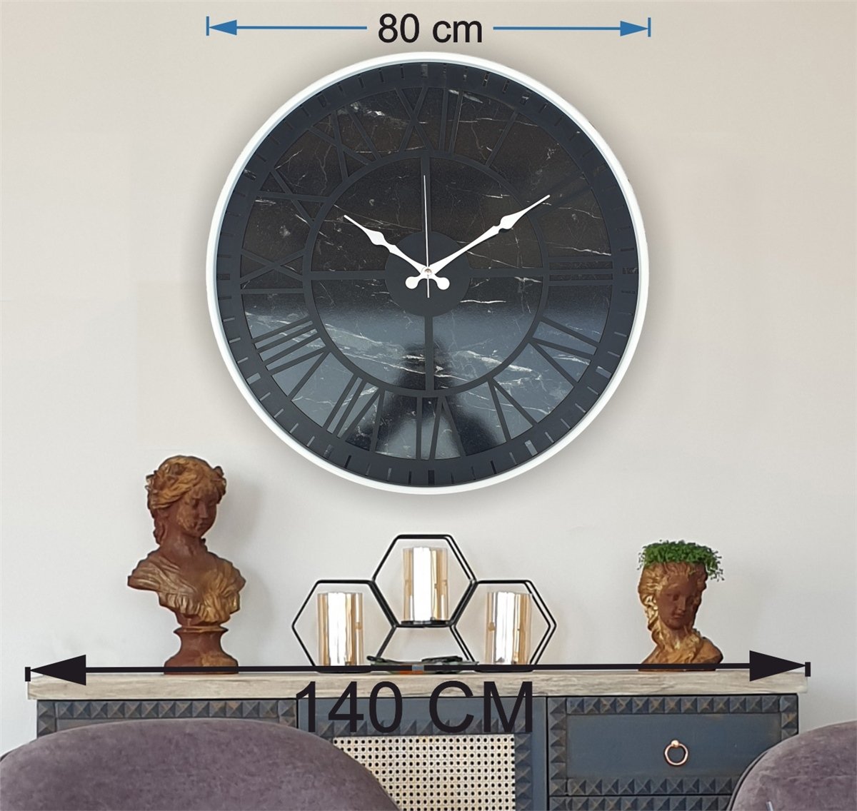 Markakanvas Beyaz Metal Kasalı Mermer Desenli  Duvar Saati  ( Çap 50 cm -Çap 80 cm )