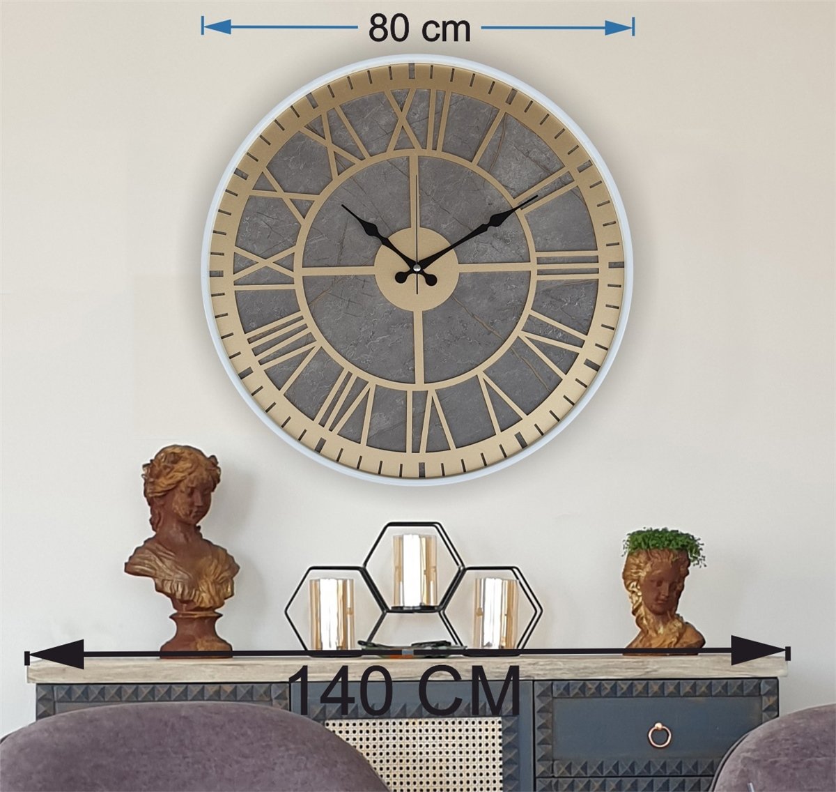 Markakanvas Beyaz Metal Kasalı Mermer Desenli  Duvar Saati  ( Çap 50 cm -Çap 80 cm )