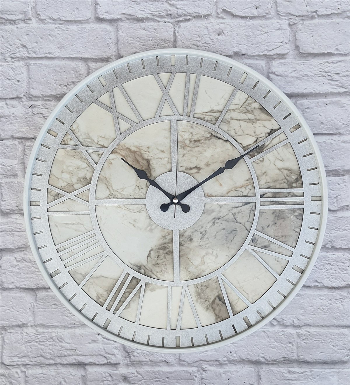 Markakanvas Beyaz Metal Kasalı Mermer Desenli  Duvar Saati  ( Çap 50 cm -Çap 80 cm )