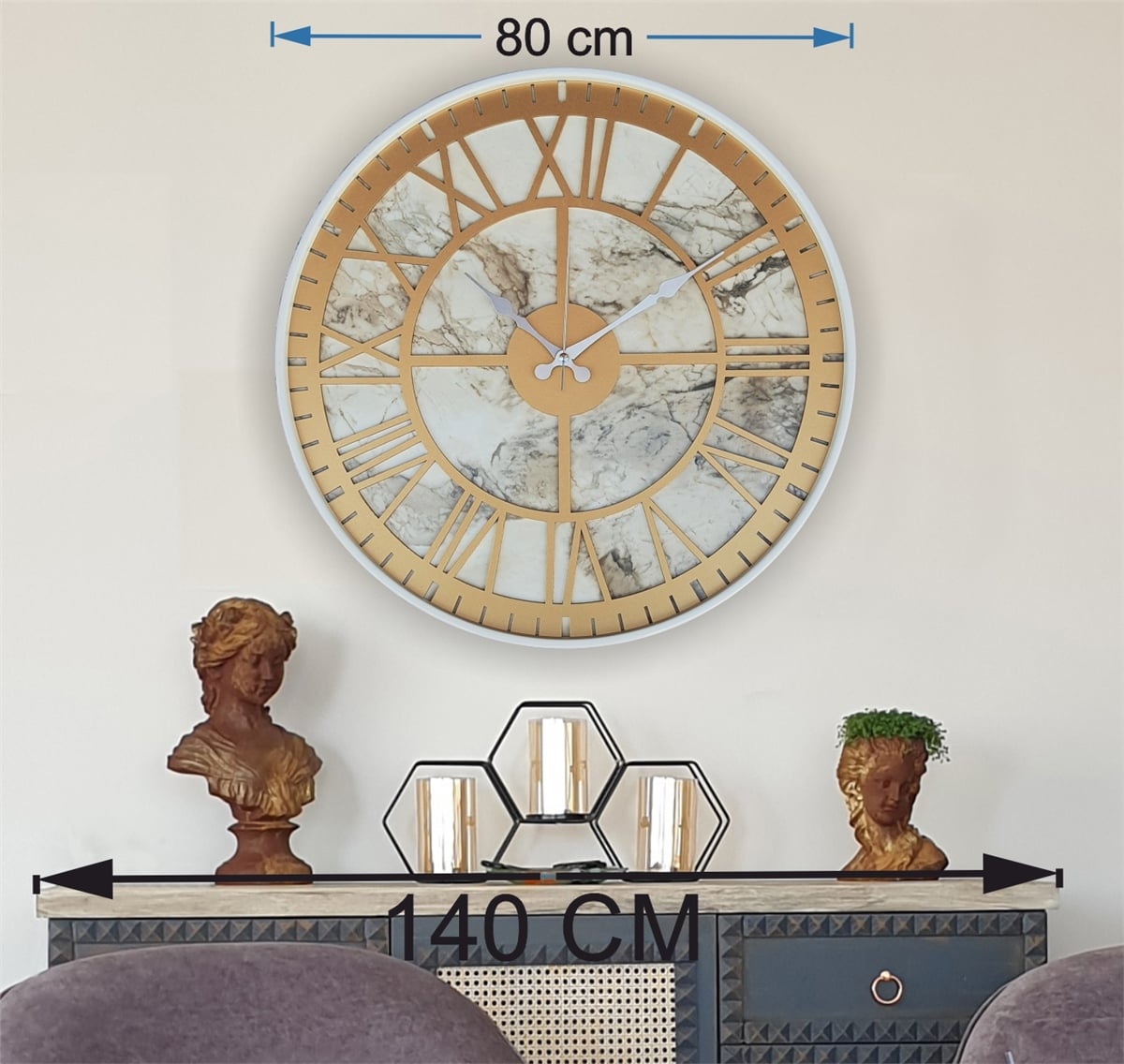 Markakanvas Beyaz Metal Kasalı Mermer Desenli  Duvar Saati  ( Çap 50 cm -Çap 80 cm )