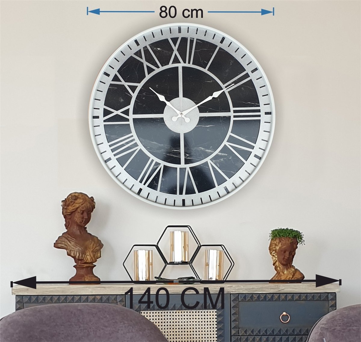 Markakanvas Beyaz Metal Kasalı Mermer Desenli  Duvar Saati  ( Çap 50 cm -Çap 80 cm )
