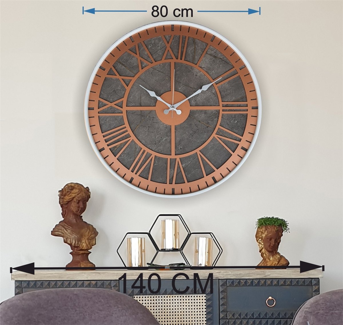 Markakanvas Beyaz Metal Kasalı Mermer Desenli  Duvar Saati  ( Çap 50 cm -Çap 80 cm )