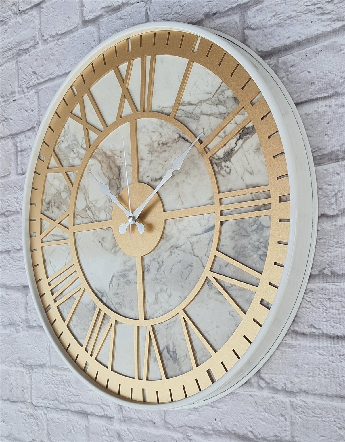 Markakanvas Beyaz Metal Kasalı Mermer Desenli  Duvar Saati  ( Çap 50 cm -Çap 80 cm )
