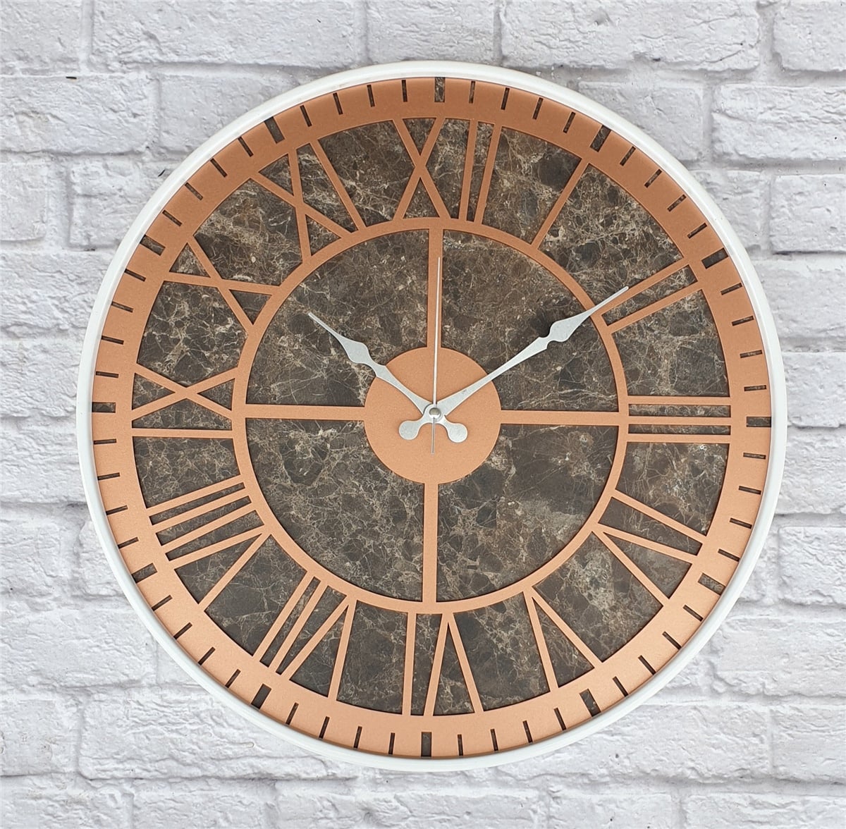Markakanvas Beyaz Metal Kasalı Mermer Desenli  Duvar Saati  ( Çap 50 cm -Çap 80 cm )