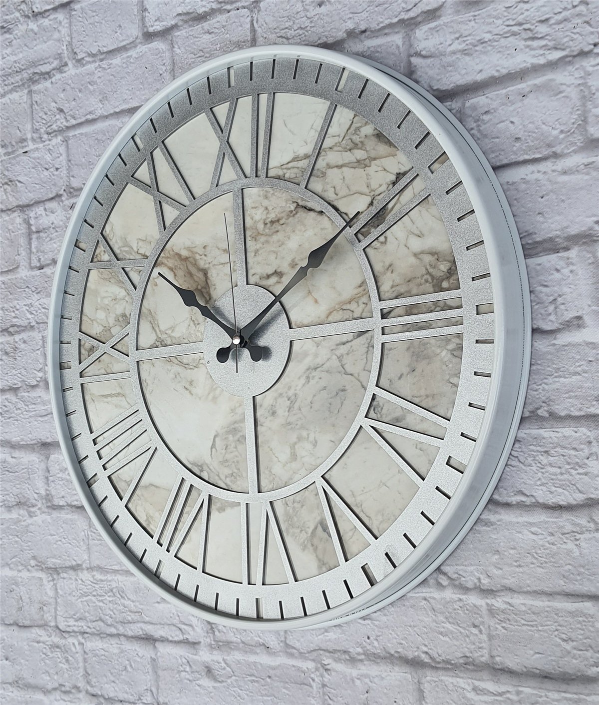 Markakanvas Beyaz Metal Kasalı Mermer Desenli  Duvar Saati  ( Çap 50 cm -Çap 80 cm )