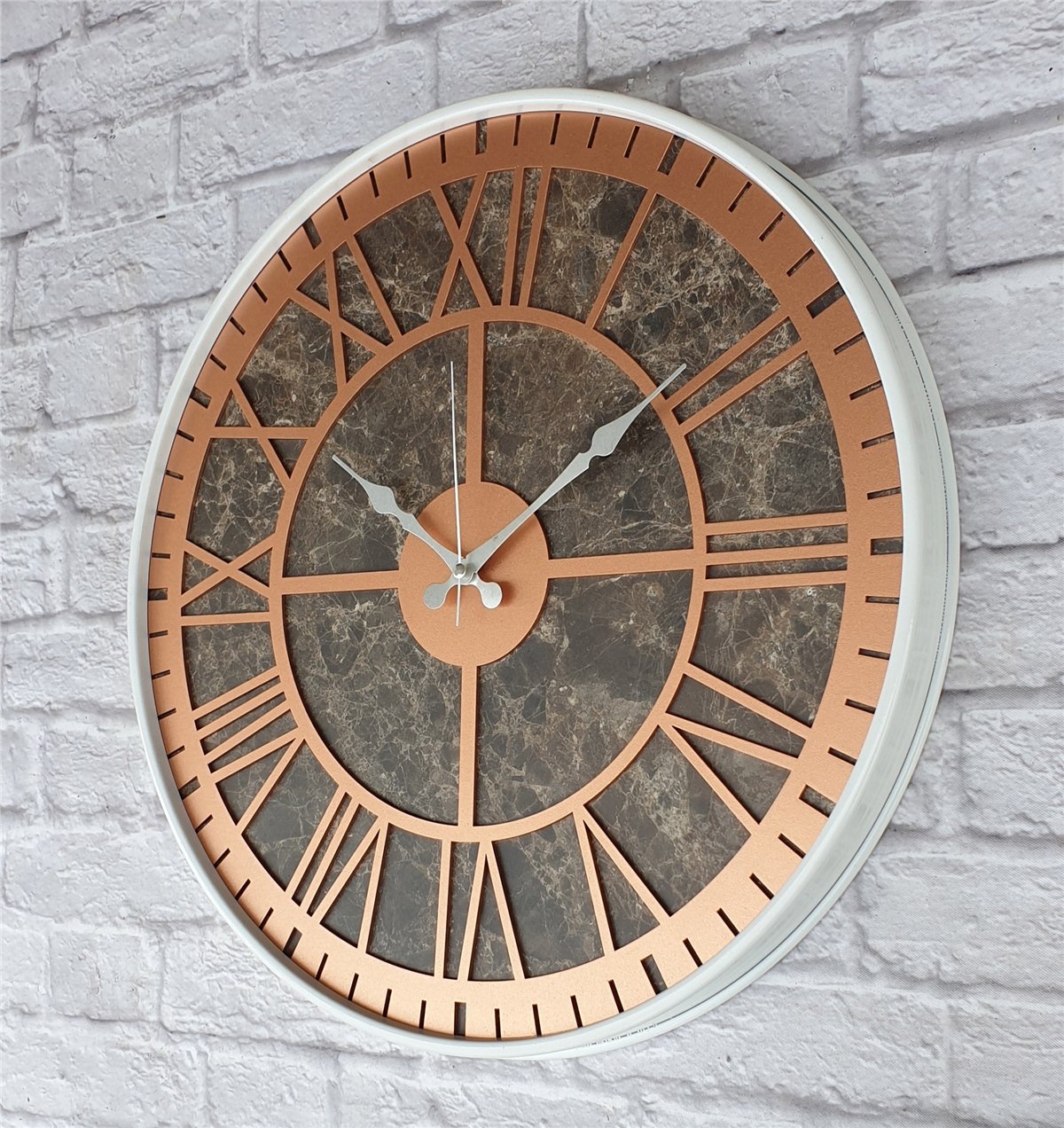 Markakanvas Beyaz Metal Kasalı Mermer Desenli  Duvar Saati  ( Çap 50 cm -Çap 80 cm )