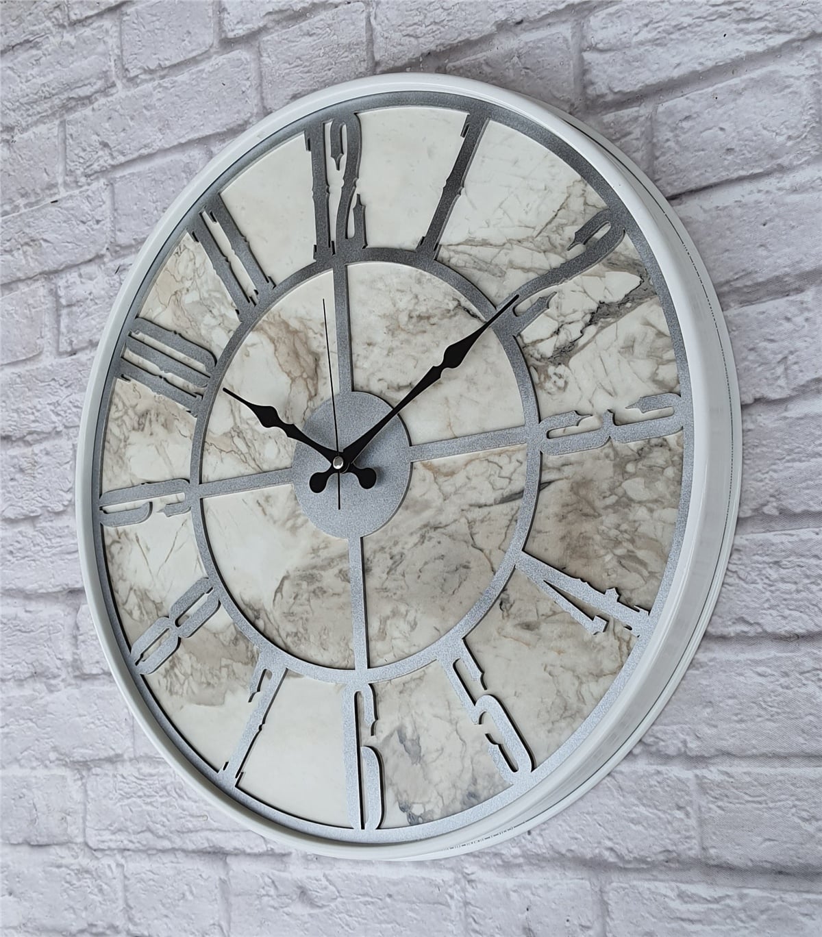Markakanvas Beyaz Metal Kasalı Mermer Desenli  Duvar Saati  ( Çap 50 cm -Çap 80 cm )