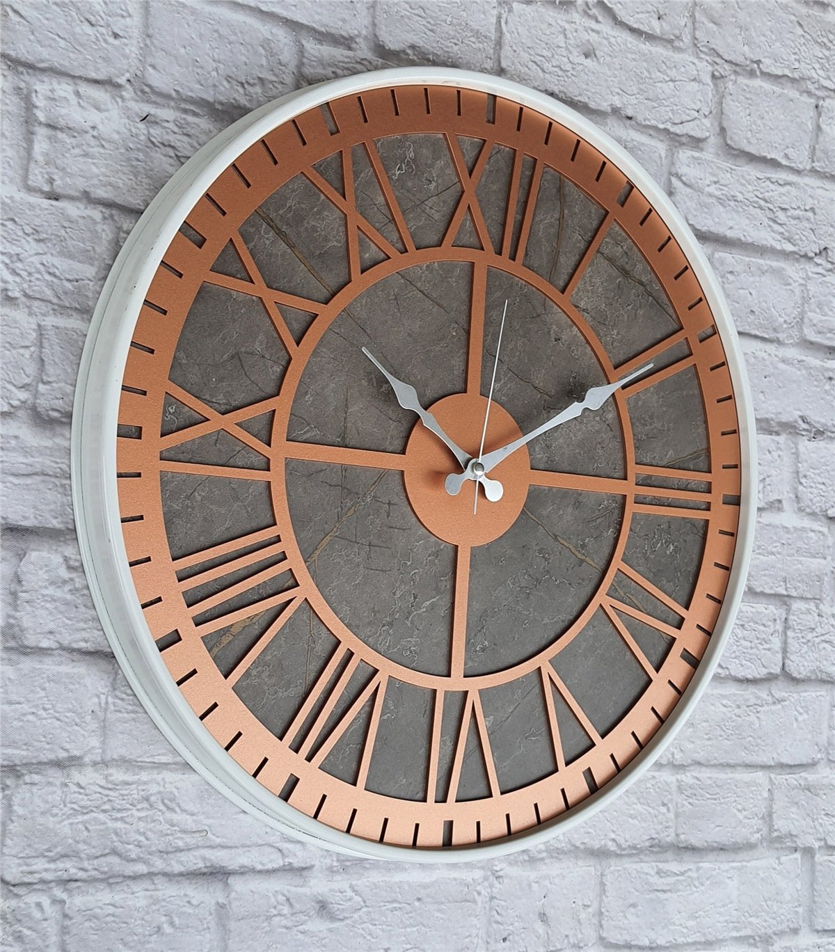 Markakanvas Beyaz Metal Kasalı Mermer Desenli  Duvar Saati  ( Çap 50 cm -Çap 80 cm )