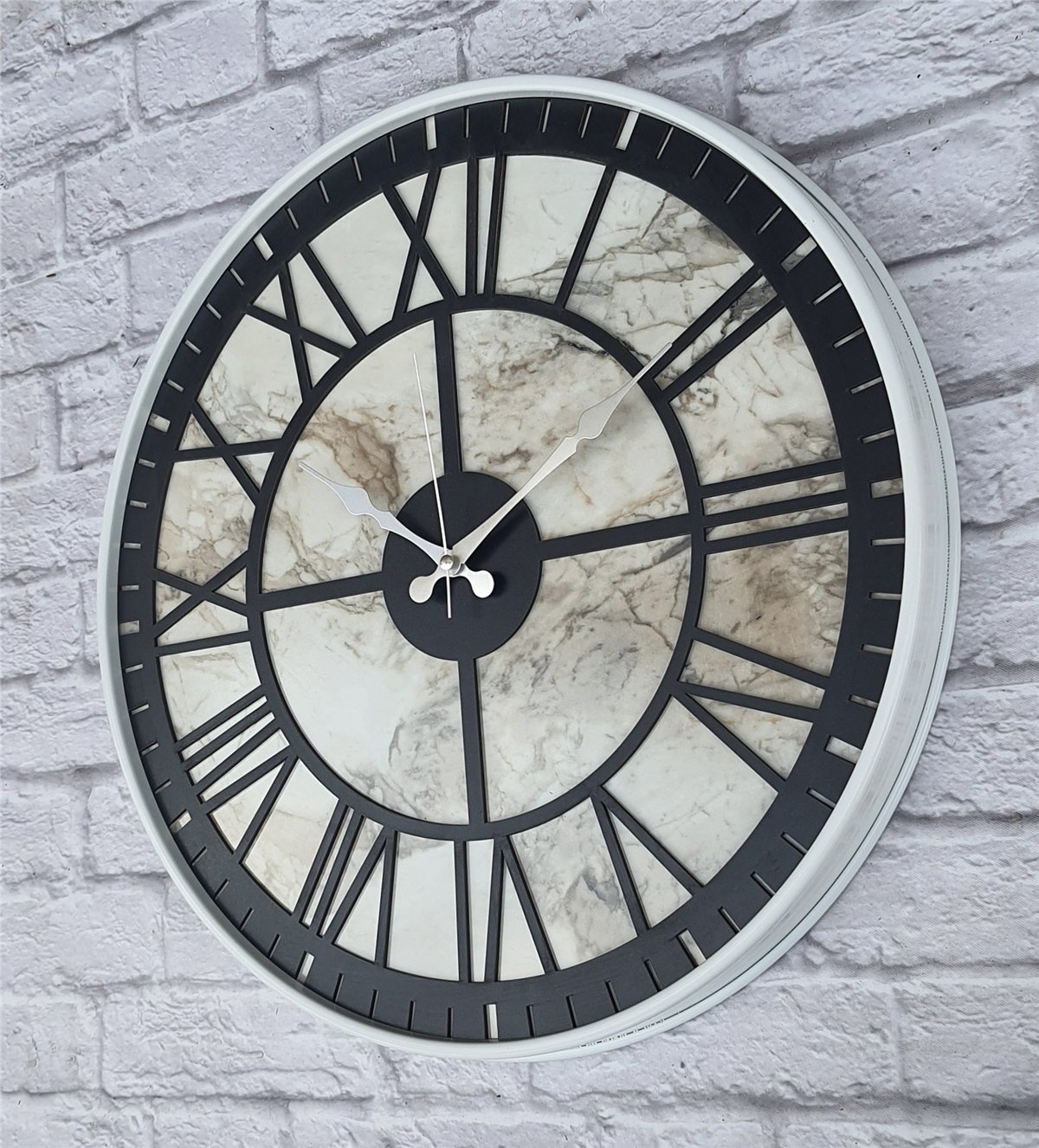 Markakanvas Beyaz Metal Kasalı Mermer Desenli  Duvar Saati  ( Çap 50 cm -Çap 80 cm )