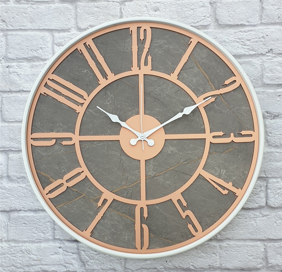 Markakanvas Beyaz Metal Kasalı Mermer Desenli  Duvar Saati  ( Çap 50 cm -Çap 80 cm )
